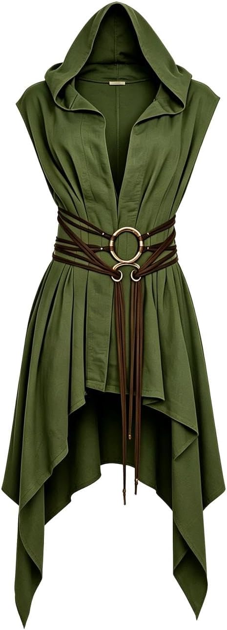 Women Medieval Hooded Surcoat Sleeveless Viking Tunic with Belt