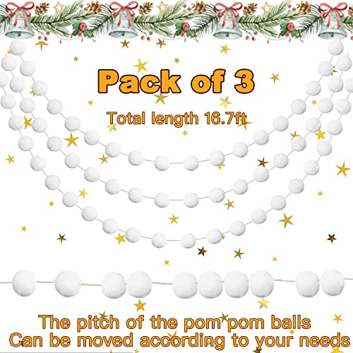 Jishi 3-Pack Pom Pom Garland White Felt Ball Ornament Garland Christmas Decorations - Cute Pompom Strings For Christmas Tree Decor, Xmas Holiday Party, Birthday Banner - 6.6 Feet Long, 24 Balls 25Mm #TOP2
