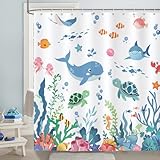 Bonhause Duschvorhang Kinder Meer Ozean Fisch Meerestiere Bunt Duschvorhänge 180 x 180 cm Anti-Schimmel Wasserdicht Polyester Stoff Waschbar Bad Vorhäng für Badzimmer mit 12 Haken