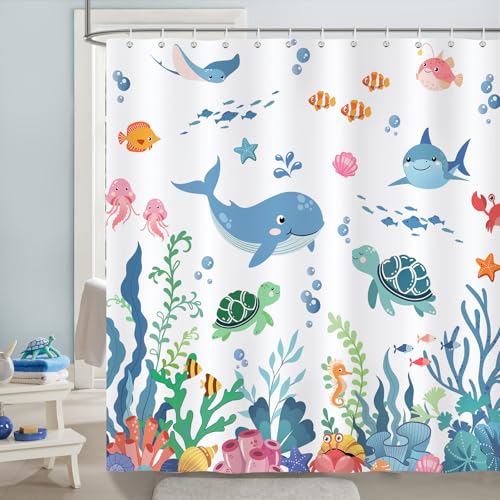 Bonhause Rideau de Douche Animal Enfants Tortue Océan Rideau de Bain Tissu Polyester Anti Moisissure Imperméable Lavable Rideaux Salle de Bain 180 x 180 cm...