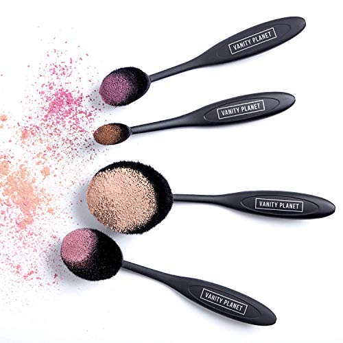 Vanity Planet Makeup Brushes (Midnight Black), Blend Party Oval Makeup Brush Kit with Ergonomic Handles, Soft Synthetic Bristles, Unique Design- Set of 10
