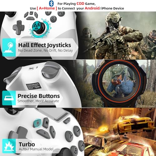 Image of Hall Effect Bluetooth Controller for Switch /PC /iPhone /Android /Apple Arcade MFi Games /Mac /TV /Steam, Pro Wireless Game Controller with Phone Clip with Lock Speed /6-Axis Gyro /Dual Motors /Turbo /Switch Key