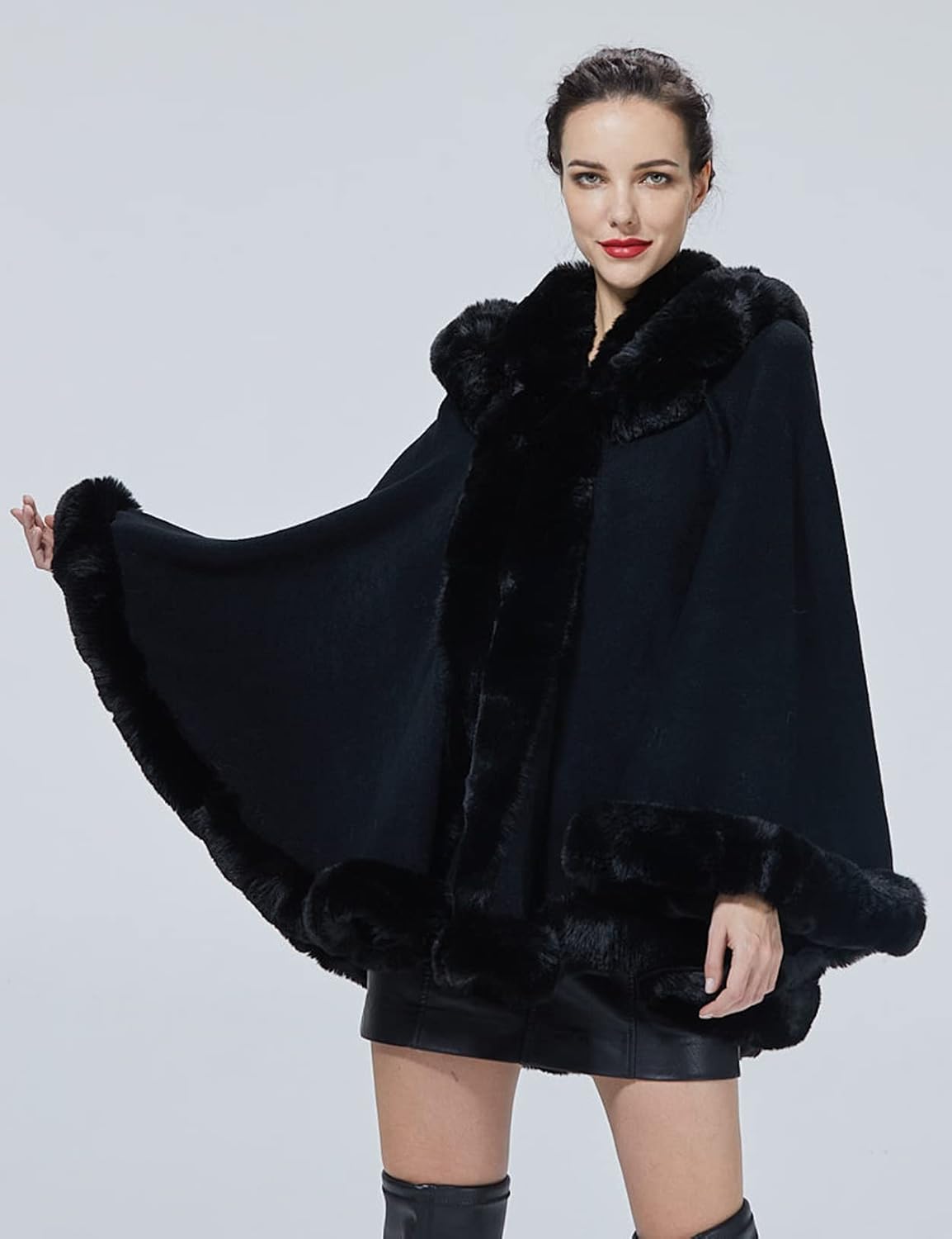 Poncho Hooded Shawl Wrap Women Cape Winter Faux Fur Trim Coat Sleeveless Cardigan Dressy Cloak for Party - Image 2