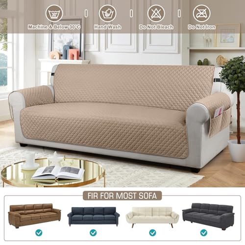 Image of TAOCOCO Sofa Protector 4 Seat Sofa Cover,Sofa Slipcovers with Storage Pockets,Anti Slip Couch Chair Covers,Washable Settee Cover for Pets(Brown)