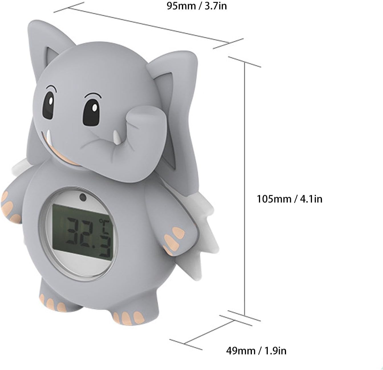 Diagram showing the dimensions of the Jectse Baby Bath Thermometer: 105mm (4.1 inches) height, 95mm (3.7 inches) width, and 49mm (1.9 inches) depth.