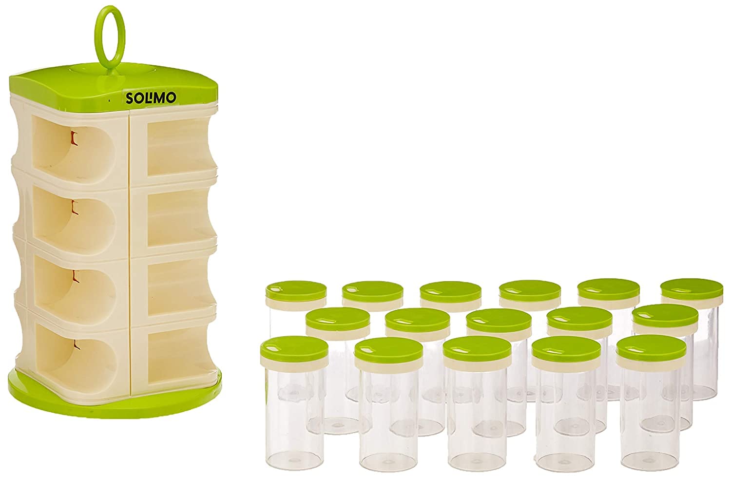 Amazon Brand - Solimo Revolving Spice Rack Set | 16 pieces | Plastic | Tiered Shelf | Tabletop | Green 1