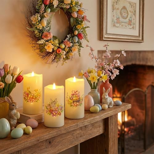 Image of Eywamage Fiber Optic Spring Flameless Candles with Remote, Flickering Easter LED Pillar Candles Battery Operated Set of 3