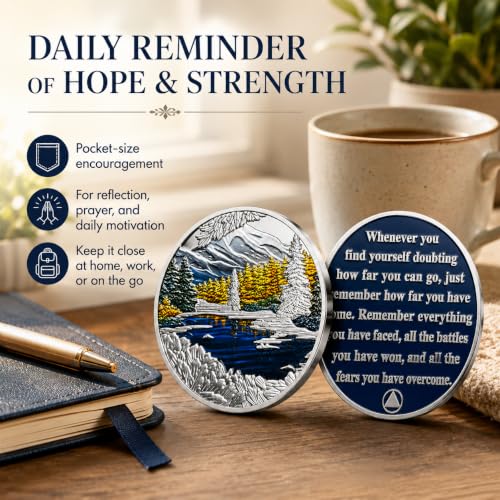 Image of Imasoner Inspirational Sobriety Coin Mountain Lake AA Recovery Medallion | Motivational Message Remember How Far You Have Come Recovery Token, Sponsor Sponsee Sober Milestone Gift for Women and Men