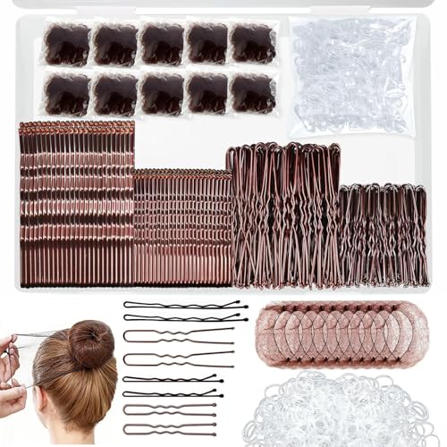 Kit da 510 Pezzi con Forcine e Fermagli per Capelli, 100 Forcine a Forma di U, 100 Fermagli per Capelli, 300 Elastici Trasparenti per Capelli 10 Retine per Chignon Accessori per Acconciature (Marrone)