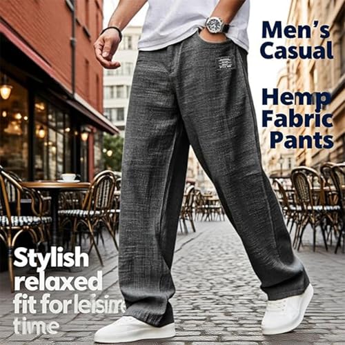 Mens Pants, Men's Casual Cotton, Linen Embroidered Logo, Drawstring Loose Elastic Waist Straight Leg Pocket Trousers3