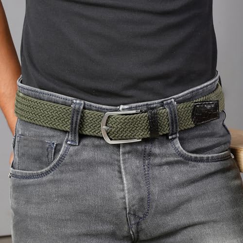 Image of LOUIS STITCH Men's Braided Elastic Stretch Belt with Leather Tipped End Stretchable Canvas Waist Band for Men Women Boys Girls Unisex (Width 3 cm) (BE-EL)