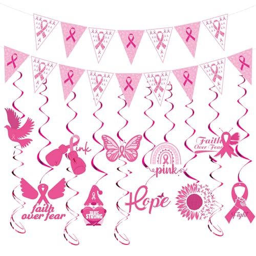 Image of Gameza Breast Cancer Decorations Pink - 12PCS Breast Cancer Awareness Decorations Pink and White Ribbon Banner Cancer Awareness Charity Activity Party Hanging Swirls Supplies Decor Home Office