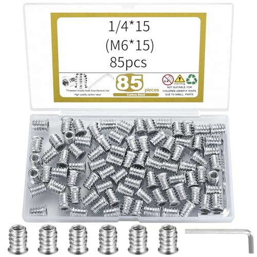 85 Wkładki gwintowane, nakrętki sześciokątne, nakrętki do wkrętów do drewna 1/4” x 15 (M6*15) mm, nakrętki gwintowane, nakrętki sześciokątne do mebli drewnianych