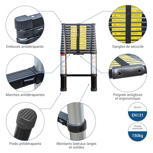 Teleskopleiter 4,1 m TELESCOO14, Aluminium, klappbar, ausziehbar, max. Arbeitshöhe 5 m, EN131‑Standard, 5 Jahre Garantie, Hostrom