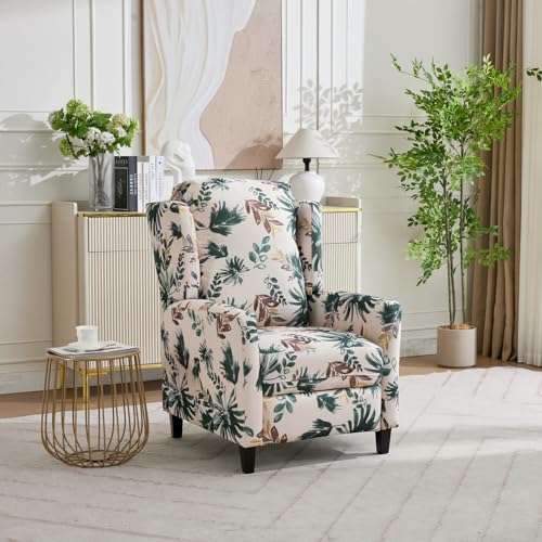 KISSLIVE Push Back Recliner Chair with High Back Blue Floral Print Fabric Upholstery Classic Wing Back Design 250 LBS Capacity (Beige)