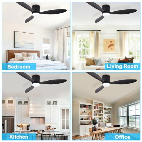 Image of Depuley Flush Mount Ceiling Fan: 52-Inch Black Ceiling Fans with Lights for Bedroom Indoor Outdoor - Low Profile Ceiling Fans with Remote Control 24W 3CCT Dimmable 3 Reversible Black Blades 6 Speeds
