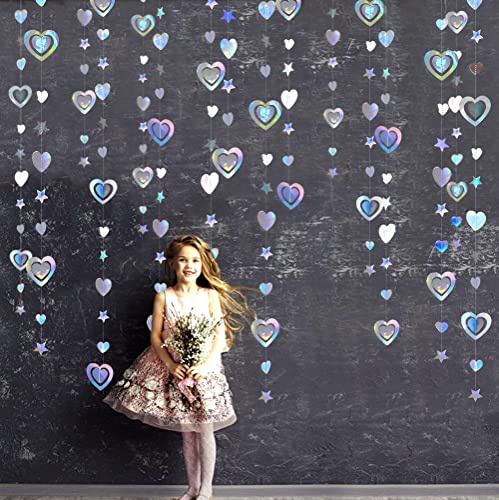 40Ft Iridescent 3D Heart Twinkle Star Garland Holographic Paper Streamer Banner For Birthday Mother's Day Anniversary Engagement Wedding Bridal Baby Shower Hen Valentines Day Party Decoration Supplies #TOP3