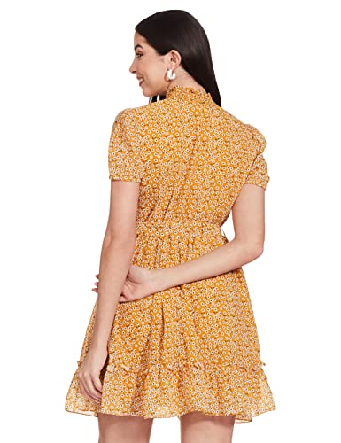 Image of FabAlley Women's Georgette Skater Regular Yellow Floral Belted High Neck Dress