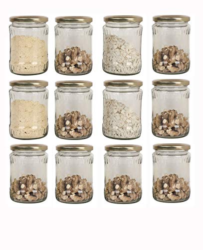 PFURE SOLUTION Glass Jar Container for kitchen storage700 gram / 700 gm with rust proof airtight Golden Lid SET of 12(Round).Useful for Containing :Jams, Pickle,Honey,ghee,Oils,spices,Masala,Achar.