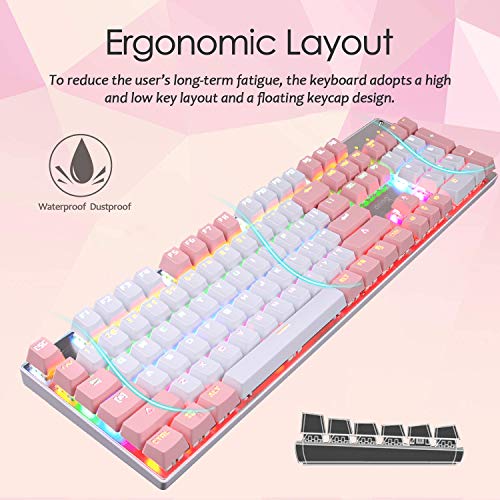 Tastiera meccanica di gioco cablata Switch blu 104 tasti LED RGB 9 Modalità di retroilluminazione Pannello metallico anti-ghosting Layout ergonomico di chiavi USB per giocatori For game Typist (Rosa)