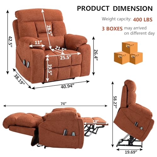 Image of 4 Motor Power Lift Recliner Chair for Elderly, 400LBS Big Man Oversized Lay Flat Recliner with Massage Heat, Zero Gravity Electric Lift Chair, Adjustable Headrest, Cup Holders, Orange
