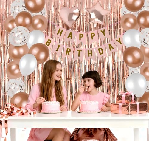 Image of Ecolley Birthday Party Decorations, Happy Birthday Banner, Rose Gold Fringe Curtain, Heart Star Foil Confetti Balloons, Sash Crown for Women Girls Birthdays Princess Party