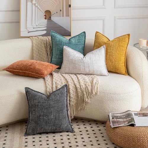 Image of MADIZZ Pack of 2 Chenille Throw Pillow Covers 24x24 Inch Light Grey Soft Neutral Decorative Throw Pillows for Couch Sofa Boho Accent Cushion Covers Modern Farmhouse Home Decor for Bedroom Living Room