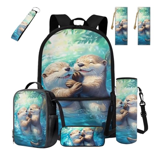 Cute Otter Kids Backpack Set Large Capacity 17 Inch Bookbag for Boys 12-14 14-16 with Lunch Box 7 Pcs Boys School Bag Set for Elementary Middle School Teens Book Bags