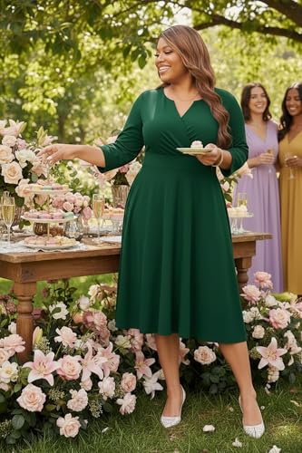Image of Runwind Women's Plus Size Midi Dress 3 /4 Sleeve Fit and Flare Cocktail Dresses Casual V-Neck Dress with Pockets