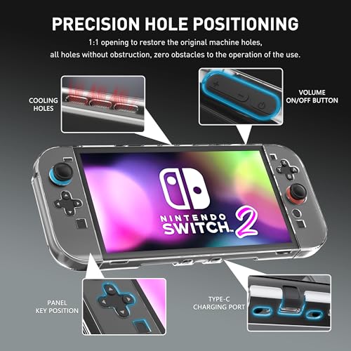Image of RHOTALL Slim Clear Case for Nintendo Switch 2 2025, Hard PC Crystal Protective Dockable Transparent Shell Cover with Tempered Glass Screen Protector for Switch 2 7.9 Inch, 4 Thumb Caps