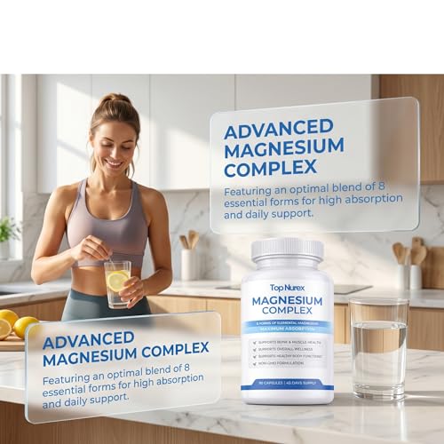 Image of Top Nurex Magnesium Complex for Women & Men,1000mg High Absorption Blend, 8 Magnesium Forms Including Glycinate, Citrate & Malate, Daily Nutrient Support, Vegan Non-GMO, 90 Capsules (1 Pack)