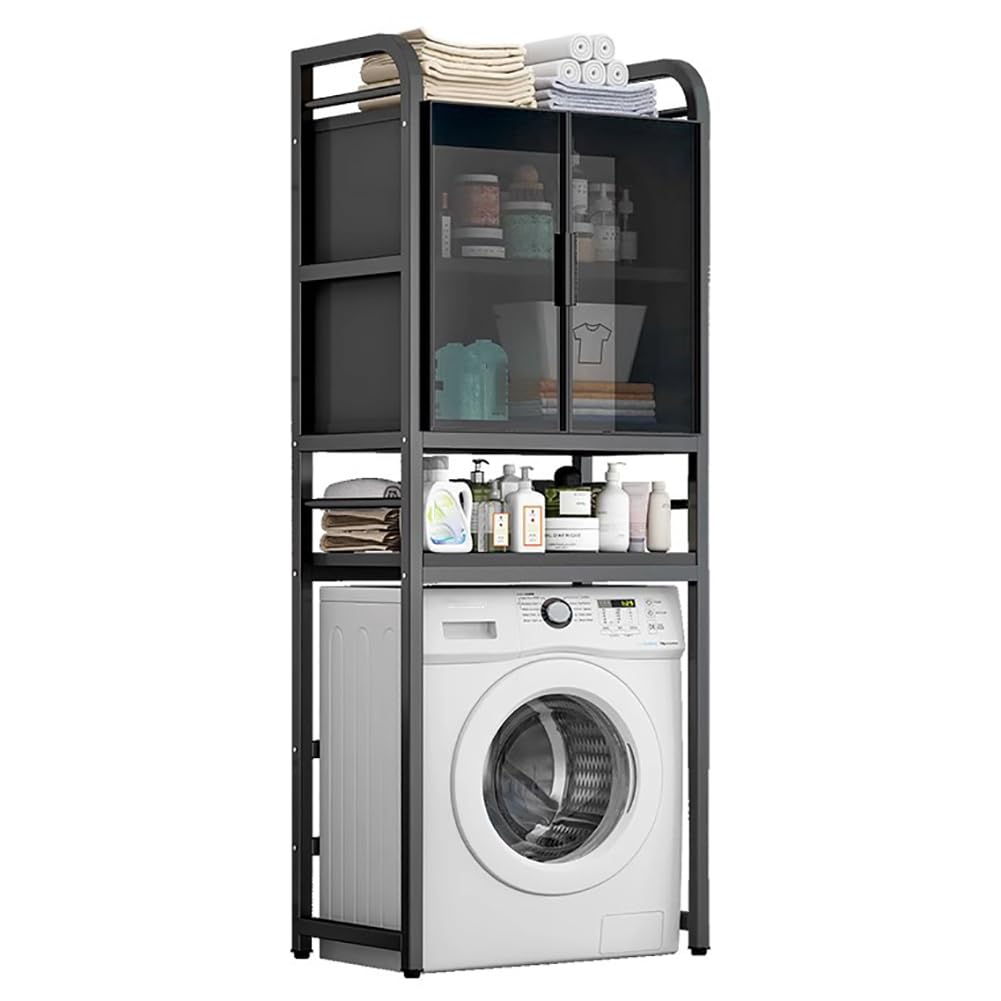 Estante de almacenamiento de baño con puerta de armario de cristal, 4 niveles, unidad de almacenamiento grande de hierro para baño, estante de almacenamiento multifuncional, color negro, largo 70 cm