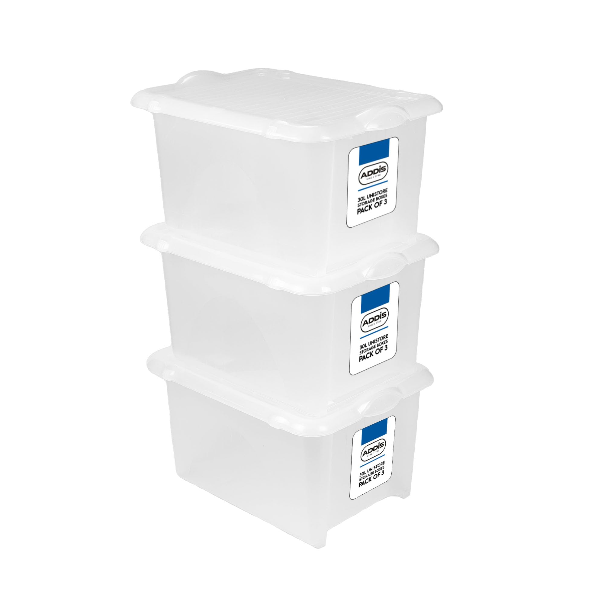 Addis 30 litre Clear Plastic Unistore Storage Boxes with clip lock lid and base, Pack of 3, tough reliable stackable nestable, Made in the UK, Clear (519162)