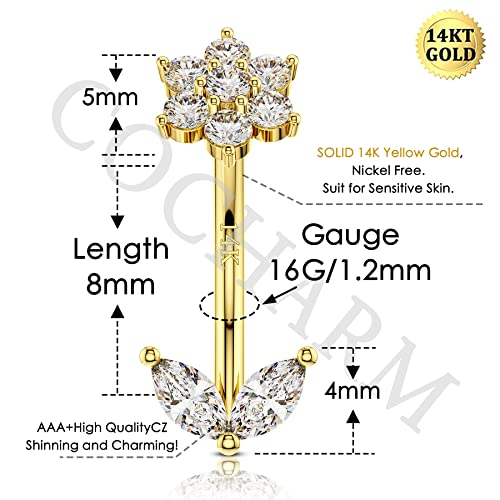 Cocharm 14K Gold Rook Earrings For Women 16 Gauge 14K Yellow Gold Rook Piercing Jewelry Flower 14K Gold Rook Barbell 8Mm Gold 14K Rook Piercing #TOP1