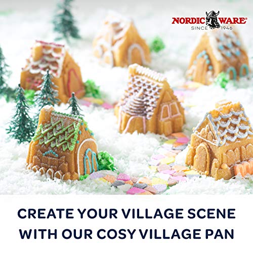 Nordic-Ware-Pine-Forest-Bundt-Pan-975-L-x-975-W-x-425-H-and-Cozy-Village-Gingerbread-House-121-diameter-Silver