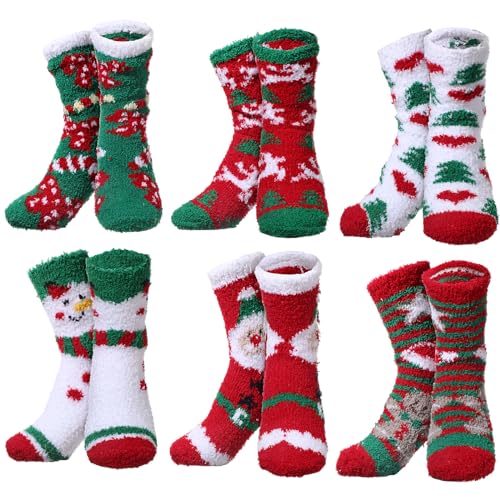 Image of Haysandy 6 Pairs Christmas Fuzzy Socks Gifts Bulk Xmas Holiday Fluffy Socks Women Men Kids Winter Warm Slipper Socks