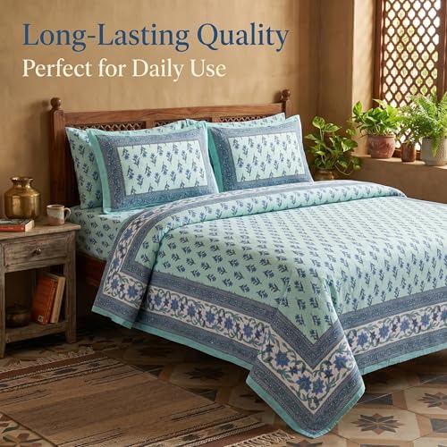 Image of Mafatlal 144 TC Heritage Queen Size Flat Bedsheet for Double Bed (90 x 100 Inches)| with 2 Pillow Covers | Soft & Smooth Printed Bedsheet for Daily Use | Glacier Blue