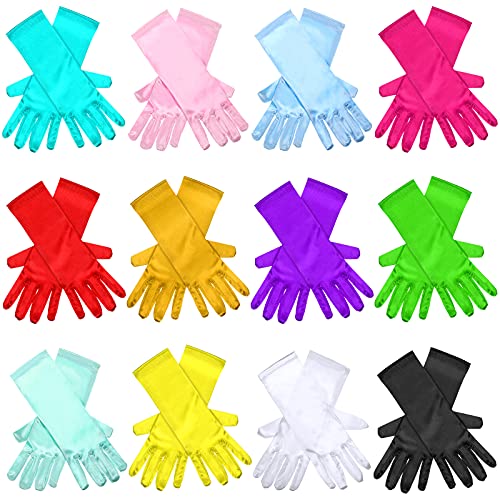 Geyoga 12 Pairs Princess Silky Satin Gloves Princess Dress up Long Gloves for 3-8 Years Old Girls, Wedding, Formal Pageant
