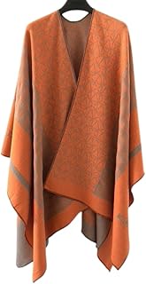 Plaid Shawl Wrap Poncho Cape Open Front Cardigan Gift for Women (B-Orange/Apricot)