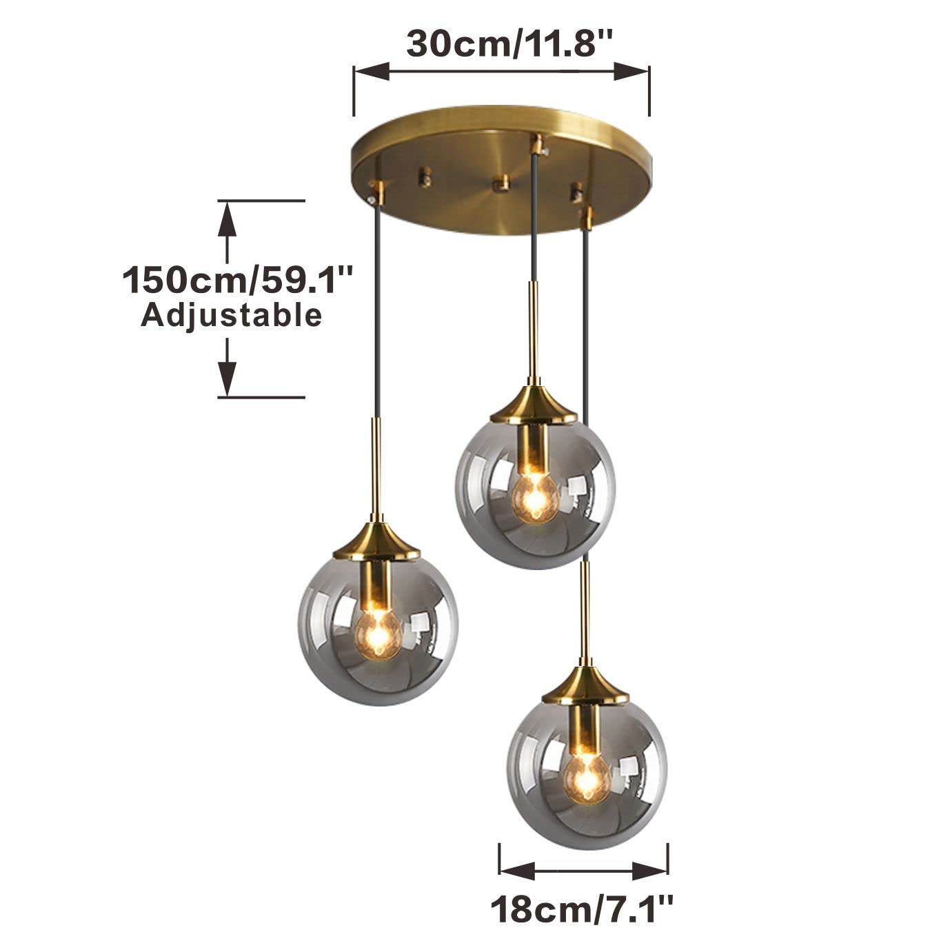 KCO Lighting Pendelleuchte 3-flammig, Mit Glas-Globen & 150 Cm Verstellbarer Aufhängung, Rauchgrau & Gold