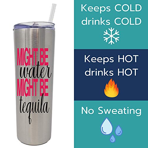 Stainless Steel Skinny Tumbler With Straw Lid - 20 oz. Double Wall Insulated Water Bottle - Slim, Modern Cup Perfect for Tea, Coffee, Water, or Beer - Keeps Drinks Hot Or Cold (Might Be Tequila)