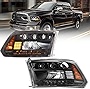 ROXX Full Led Headlights Assembly for 2009-2018 Dodge Ram 1500/2500/3500 and 2019-2022 Dodge Ram 1500 Classic Project (LED / HID type), Led High Low Beam, Amber Led Sequential Turn Signals (Black)