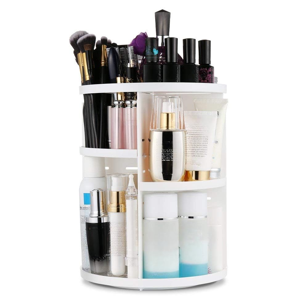INOVERA (LABEL) Cosmetic Makeup Organizer for Women, Bride & Girls - 360 Rotating Storage Organiser Box - Dressing table Vanity Case Holder for Lipsticks, Skincare Kit & Brushes Set - White