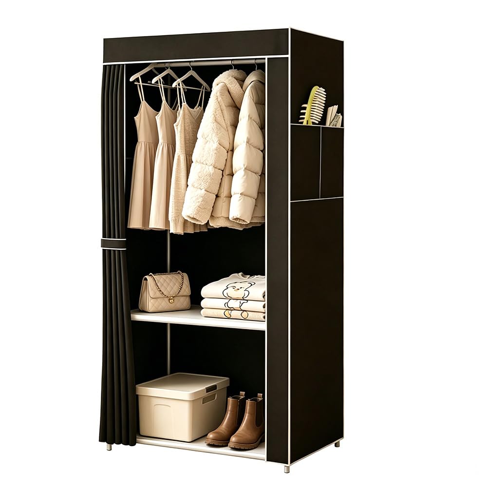 Gziztx Portable Single Canvas Wardrobe, Foldable Fabric Wardrobes with Hanging Rail and Shelves for Bedroom, Storage Organizer for Clothes, Shoes, Bags & Toys