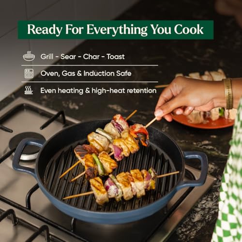 Image of Ember Cookware Pre-Seasoned Cast Iron Grill Pan 26 cm | 10-Year Warranty | Heavy Duty Induction Cookware | Cast Iron Cookware | Non-Toxic Tandoor Grill Pan for Kebab, Vegetables & Sandwich | Blue