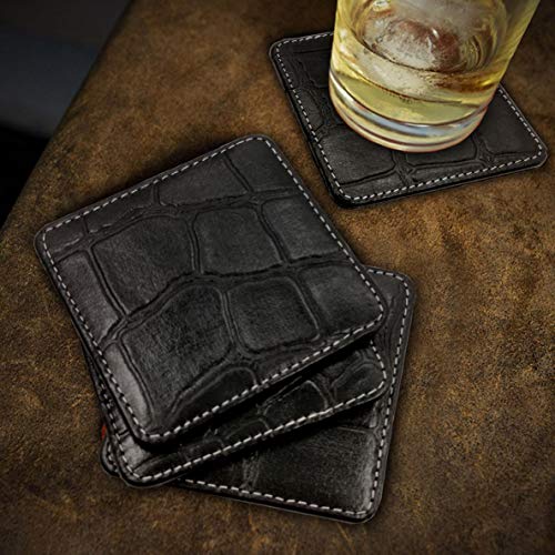 Image of Genuine Leather Square Shaped Coasters Set of 6| Heat-Resistant, Durable & Non-Slip Coasters for Home & Office I Perfect for Any Beverage (Color - Black)