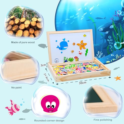 Uping Holzpuzzle mit Doppelseitige Magnettafel, Staffelei Kinder,130 Stücke magnetische Meerestiere und magnetische Alphabet-Puzzleteile,Magnetische Holzspielzeug, Kreativ Lernspielzeug für Kinder
