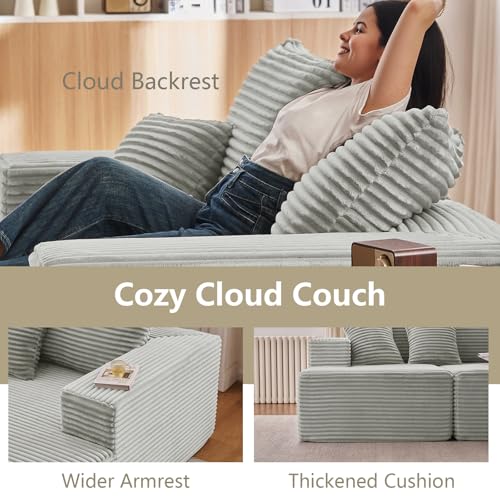 Image of 140 inch Sectional Cloud Couch for Living Room, Stupendous U Shaped Sofas, Modular Floor Deep-Seat Sofa, Big Comfy Corduroy Couches Set with Fluffy Memory Foam, No Assembly Required, Grey