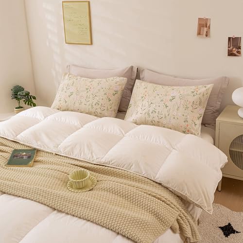 Image of ECOCOTT Floral Pillowcases Standard Size Set of 2, 100% Washed Cotton Pillow Cases with Envelope Closure, Beige Botanical Wildflower Printed Pillow Covers for Cottagecore Farmhouse Bedroom Decor