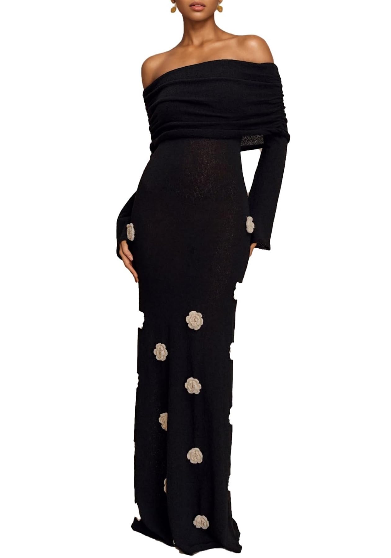 Unybwonn Women Sexy Off Shoulder Crochet Maxi Dress Bodycon Stretchy Mesh Knit Dress Long Sleeve Tube Top Elegant Dresses